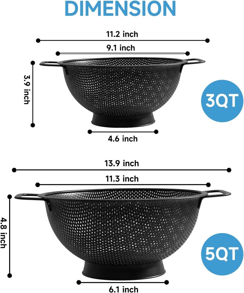 Kteniy Black Colander for Kitchen, 3QT, Stainless Steel Pasta Strainer with Handle, Pasta Strainer for Fruits Vegetables Cooking Food, Dishwasher Safe - Image 3